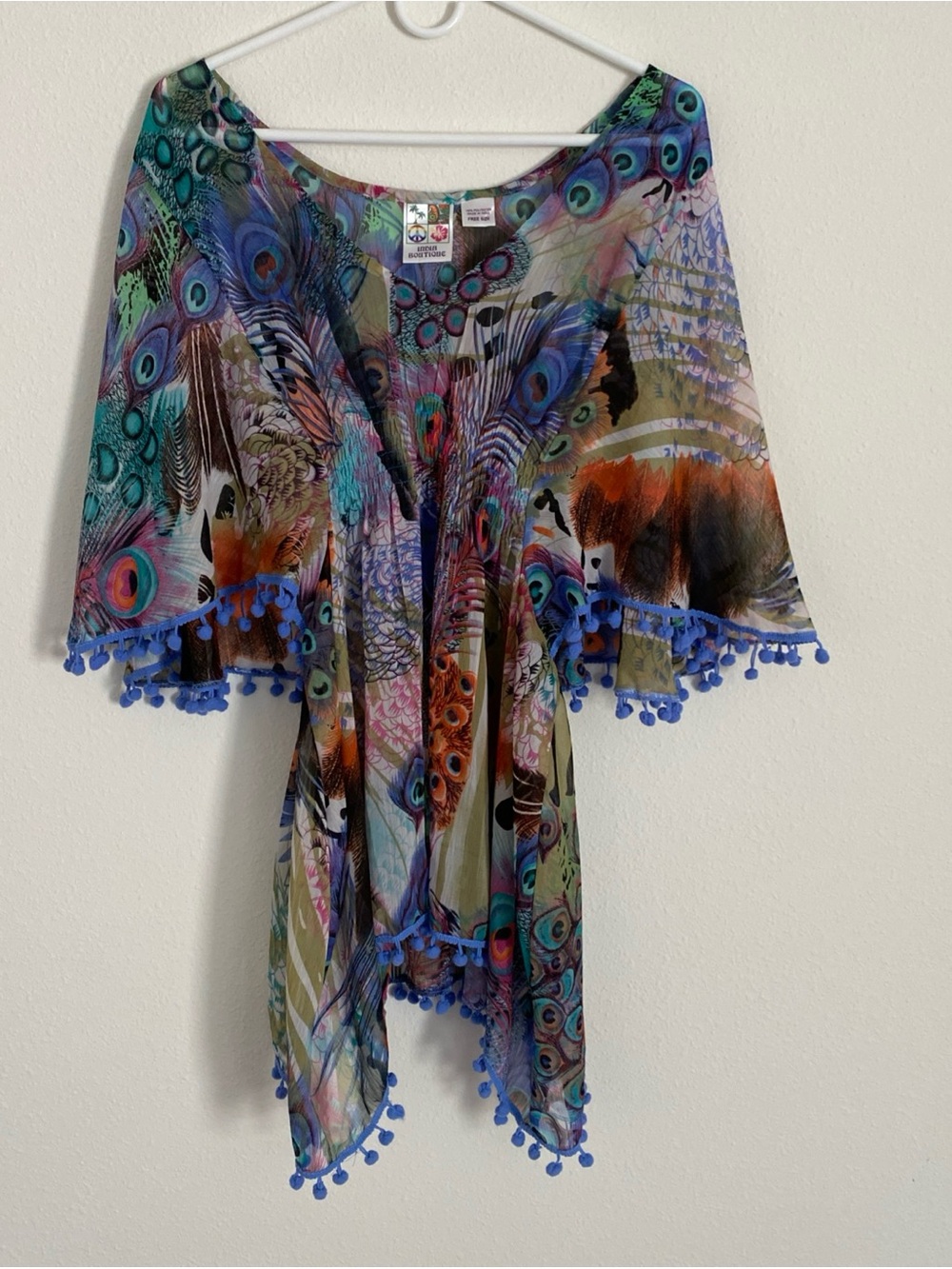 India Boutique Peacock Patterned Kimono Top Blue Pom Pom Trim